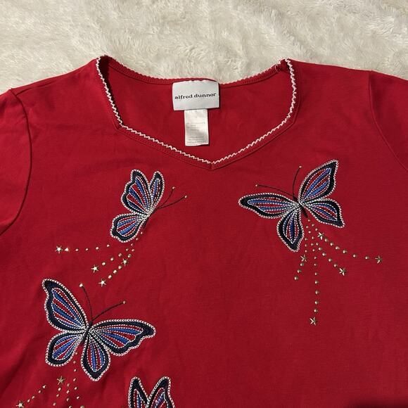 Alfred Dunner Womens Medium Off Red Studded Butterflies Top - Picture 4 of 8
